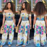 Stretchy Strapless Top Split Loose Pants Floral Print Suits HM5221