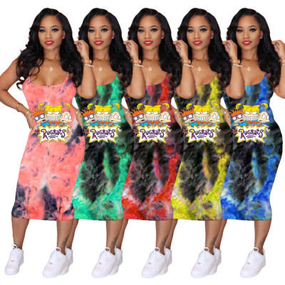 Fashion tie-dye cartoon suspender dress TK6077