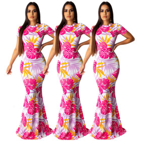 Elegant Floral Printing Women Slim Bodycon Maxi Dress E8404