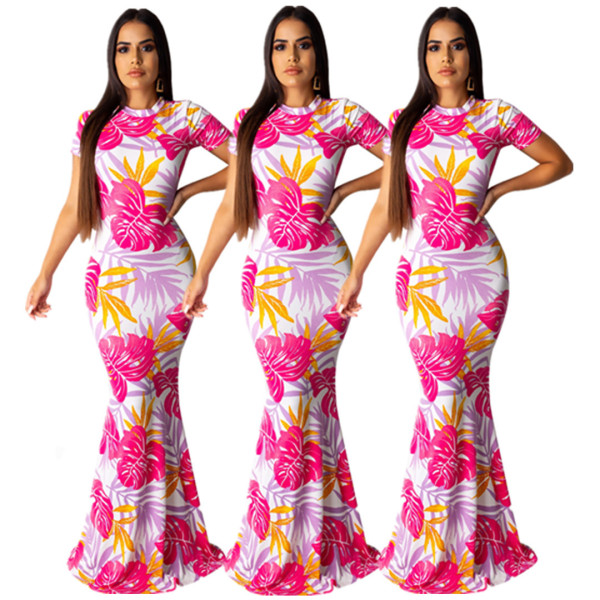 Elegant Floral Printing Women Slim Bodycon Maxi Dress E8404