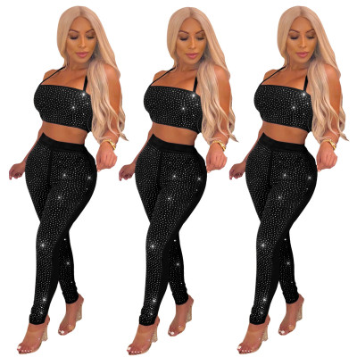 Fashion Diamond Ladies Outfits Bandage Top Slinky Pants Q158