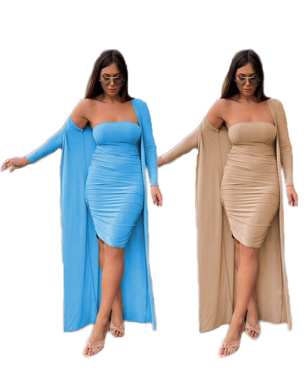 Strapless Bodycon Dress Cardigan Long Coat Solid Color Lady Sets C2037