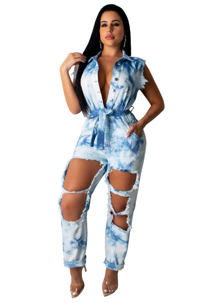 Trendy Women Tie Dye Jeans Hole Ripped Jumpsuit QZ3285