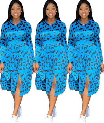 New Arrival Long Sleeves Women Leopard Printing Split Dress LY5086