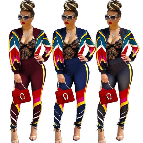 Hot Sale Color Patchwork Outfits Long Sleeve Coat Slinky Pants GL6056