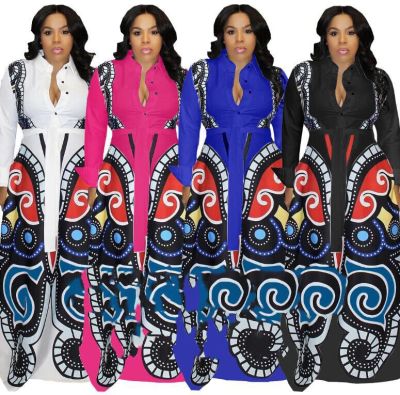 National Style Oversize Turn-Down Collar Printing Maxi Dress CFA366