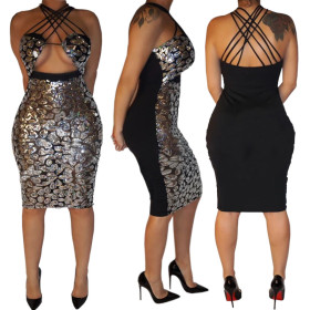 Ladies Sexy Sequin Backless Club Spaghetti Strap Midi Dress CCY8193