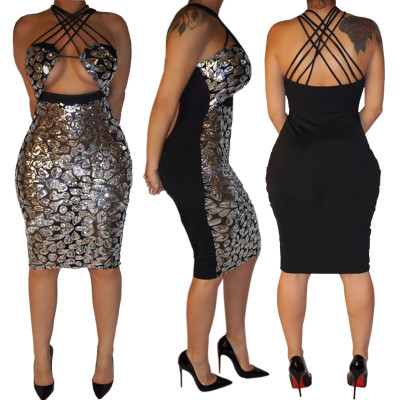 Ladies Sexy Sequin Backless Club Spaghetti Strap Midi Dress CCY8193