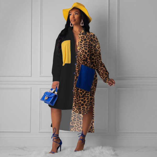Large feature shirt leopard stitching pocket dress QQ5135