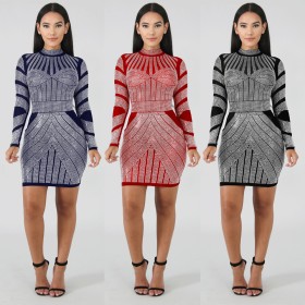 Fashion Slim Bodycon Diamond Dot Printing Half-Collar Short Dress WMZ2336