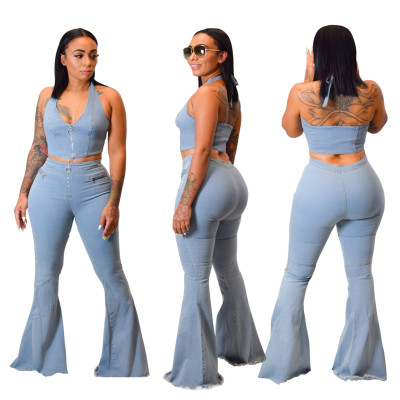 Hot Acid?Washes Denim Outfits Sleeveless Top Flares Pants SMR9361