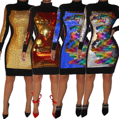 Irregular Sequin Clubwear Round Collar Knee Length Dress CCY8181