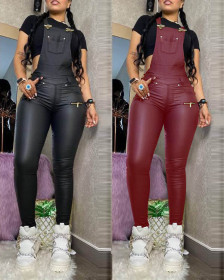 Sexy Solid Color Suspenders Backless PU Leather Jumpsuit K2044