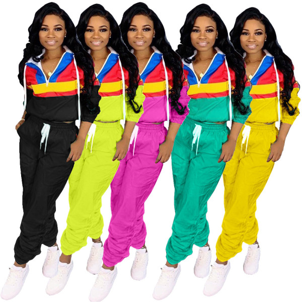Color Patchwork Hooded Top Elastic Waist Solid Pants Sport Sets LS6290
