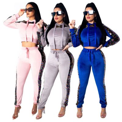 Hoodie Tops Sequins Velvet Leggings Outfits SMR9126