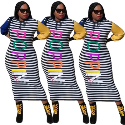 Letter Stripes Printed Hoodie Long Sleeve Patchwork Leisure Long Dress ZH5161