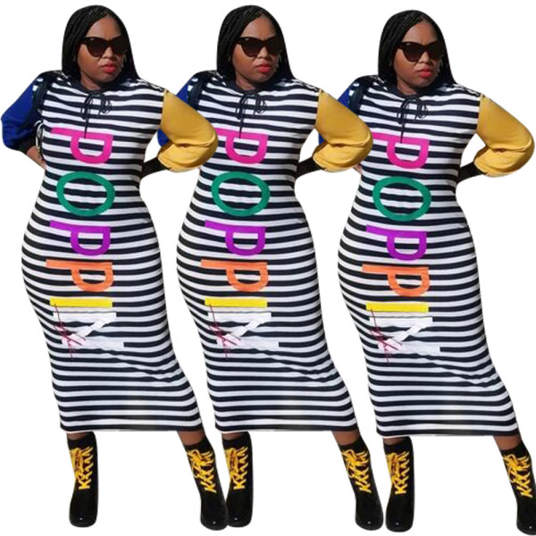 Letter Stripes Printed Hoodie Long Sleeve Patchwork Leisure Long Dress ZH5161