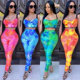Fashion Tie Dye Printed Suspenders Backless Mini Top With Trousers Two Piece Set XZ3667