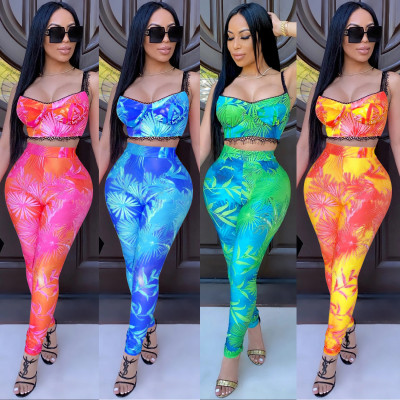 Fashion Tie Dye Printed Suspenders Backless Mini Top With Trousers Two Piece Set XZ3667