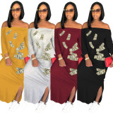 Loose Casual 4 Colors A Word Shoulder Split Dress ALS104