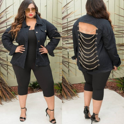 Plus Size Backless Denim Long Sleeves Coat With Chains YT3069