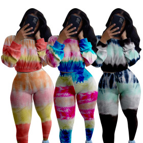 Autumn Tie Dye Printed Round Neck Long Sleeves Cropped Top With Pants Two Pieces Set FA7139