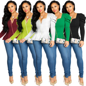 Women's Clothes All-Match Long Sleeves Pure Color Casual Tops ZS0266