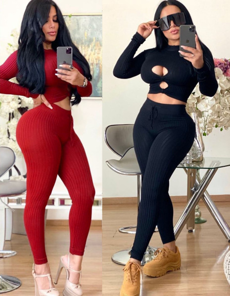 Female Sets Hollow Out Solid Top Elastic Waist Winter Pants LMM8103