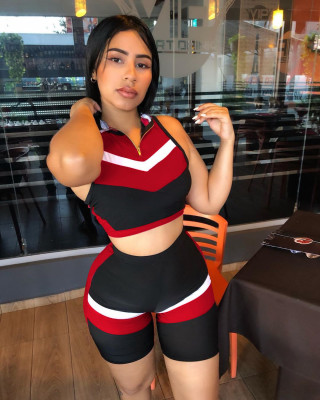 Trendy Gym Fitting Sets Sleeveless Zipper Top Bodycon Shorts HH8868