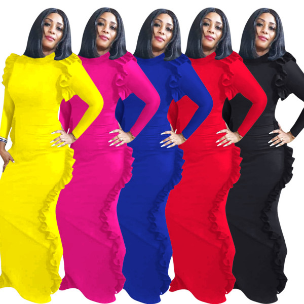 Trendy Ruffle Slim Round Collar Split Plain Color Maxi Dress QQM3855
