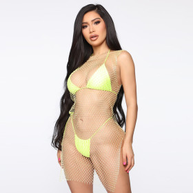 Grid flash drill round neck split dress LZ014