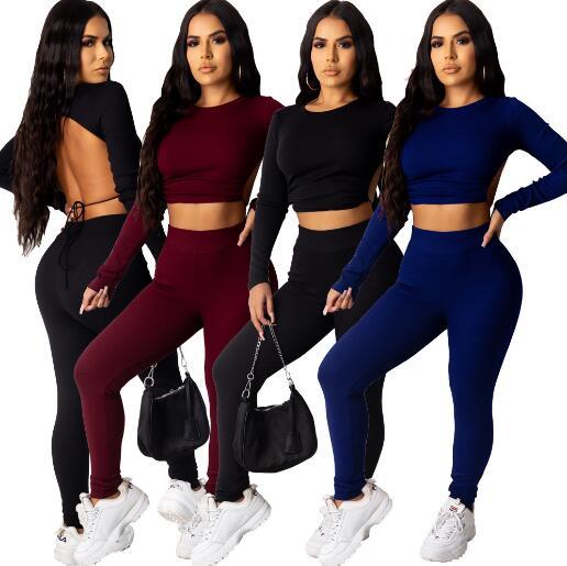Sexy Solid Color Round Neck Long Sleeves Backless Crop Top With Trousers Two Piece Set HG062