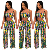 Letters Printing Sets Strappy Crop Top Zipper Wide Leg Pants SDD9152