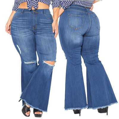 Sexy Fashion Knee Hole Stretch Slim Denim Plus Size Fat MM Flared Pants SMR2344