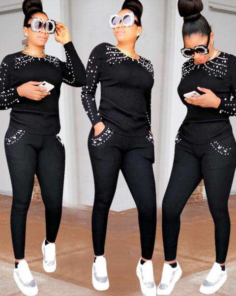 Leisure Bead Long Clothes Round Neck T-Shirt Sport Leggings ED8033