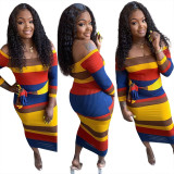 Newest Multicolor Off Shoulder Elastic Waist Tied Midi Dress D8323