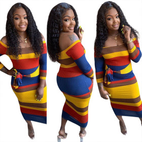 Newest Multicolor Off Shoulder Elastic Waist Tied Midi Dress D8323