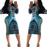 Promotion Geometric Print Long Sleeve Midi Dress XY1874