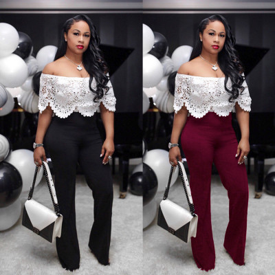 Stylish Flat Shoulder Overlay Lace Patchwork Ladies Jumpsuit KF37