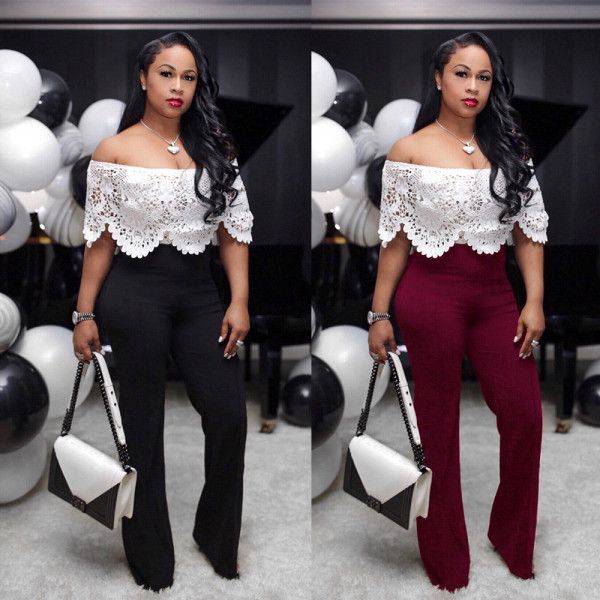 Stylish Flat Shoulder Overlay Lace Patchwork Ladies Jumpsuit KF37