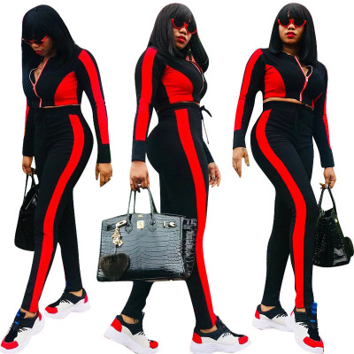 Running Contrast Color Long Style Two-Piece Leisure Suits H1049
