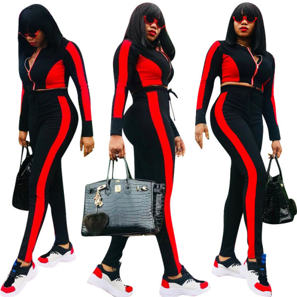 Running Contrast Color Long Style Two-Piece Leisure Suits H1049