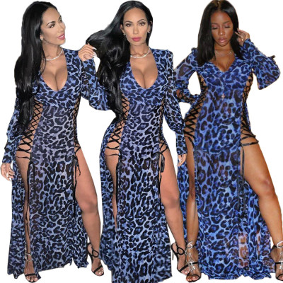 Latest Bandage Sexy Leopard Printing Split Maxi Dress LML068