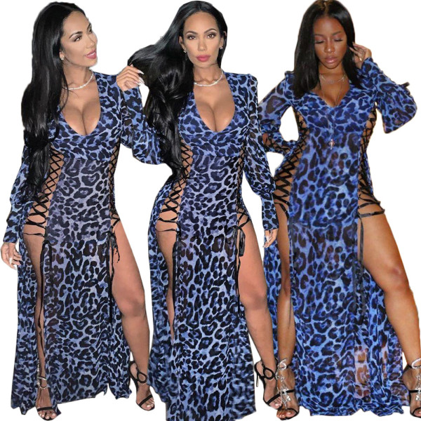 Latest Bandage Sexy Leopard Printing Split Maxi Dress LML068