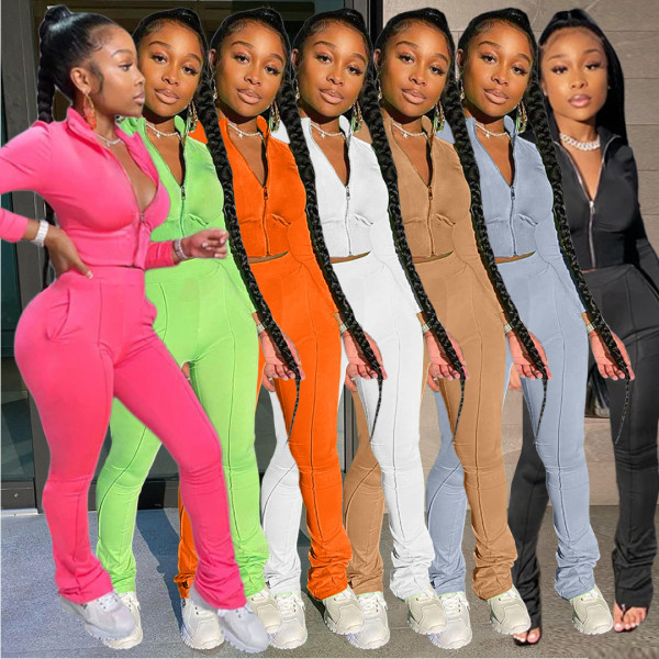 Fashion casual solid color sports suit two-piece suit TK6106