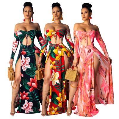 Summer Hot Sell Split Printing Strapless Maxi Dress SMR9183
