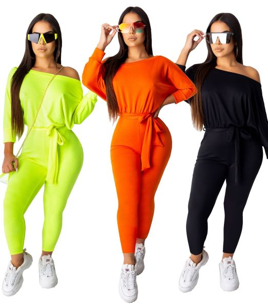 Online Sale Oblique Shoulder Plain Color Jumpsuit With Belt AA5097