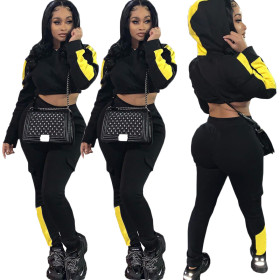 Fashion Contrast Stitching Long Sleeves Hooded Mini Top With Trousers Two Piece Set BN041