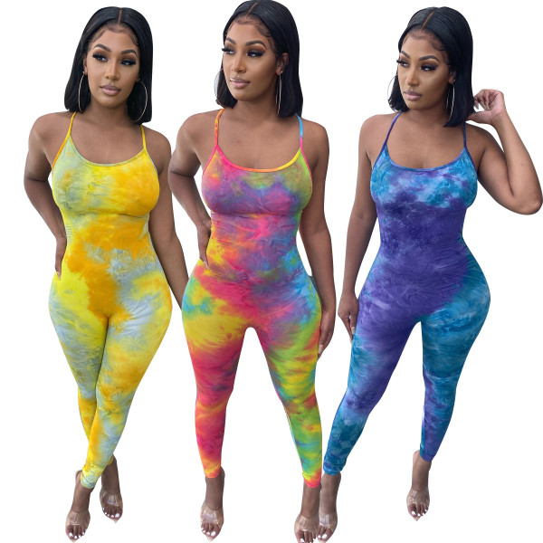 Fashion Coloring Printed Suspender Backless Bodycon Jumpsuit BS1207