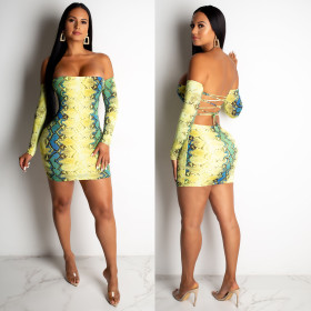 Sexy Backless Snake Printing Off Shoulder Wrap Dress CY1165